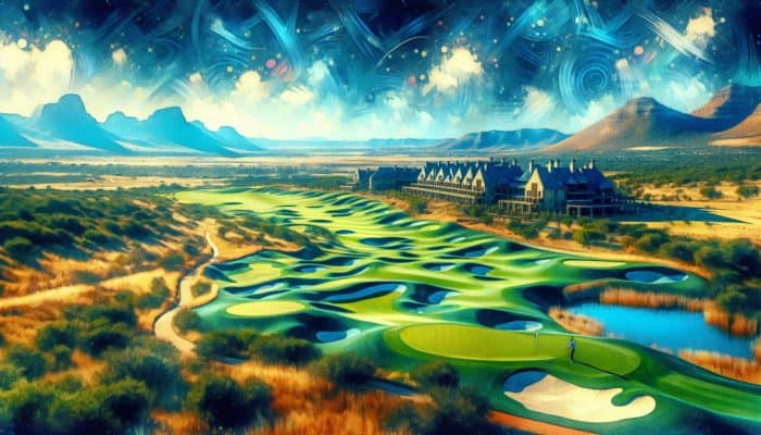 Scenic Gary Player Country Club golf course in South Africa, designed by Gary Player, with Sun City resort in background.