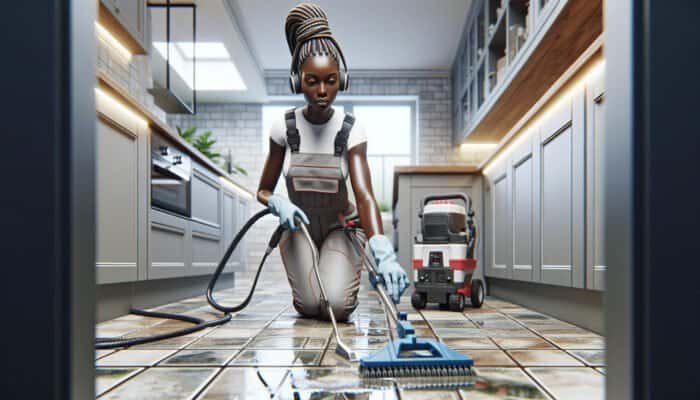 A professional grout cleaner in Glasgow using high-grade equipment to remove stains and mold from tile grout.