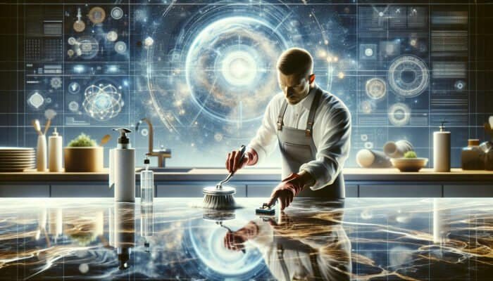 A professional cleaning a luxurious marble countertop in a modern kitchen, enhancing its shine and durability.