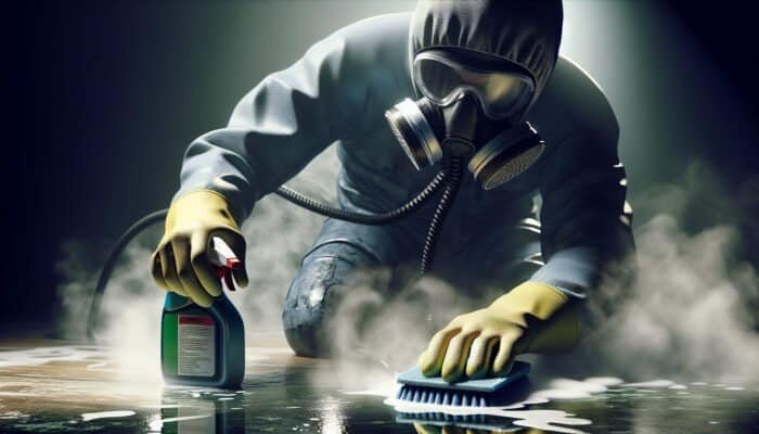 Person using harsh chemical cleaners with protective gear on stained surface, fumes and warning label visible.