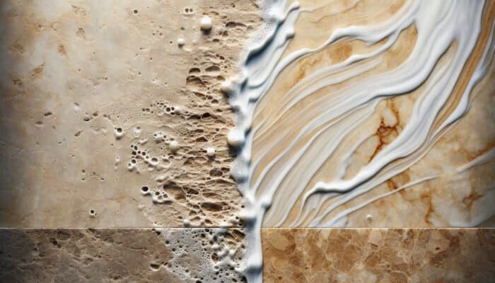 Travertine surface showing scratches from abrasive cleaners versus clean area washed with soft cloth and mild soap.