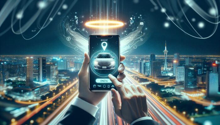 Person using smartphone app to book car rental, receiving real-time notifications, busy airport or cityscape background.