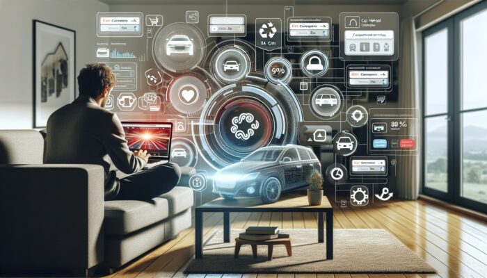 Person using laptop at home to compare car rental prices online across multiple tabs and filters.