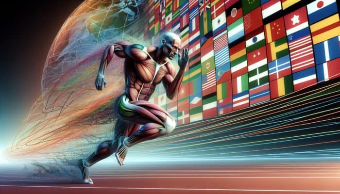Athlete sprinting on track, powerful muscles, energy burst, global sports flags background.
