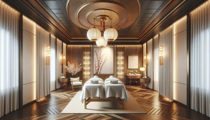 A serene couple's massage suite at The Spa at Mandarin Oriental, Las Vegas, with elegant decor and Eastern-inspired treatments.