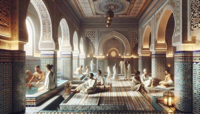 Luxurious Moroccan-inspired spa with hammam rituals for couples, featuring intricate tilework and soft lighting.