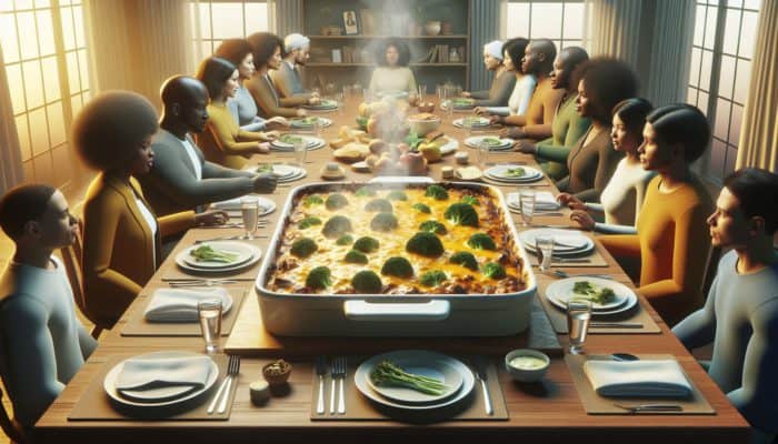 Golden-brown beef and broccoli casserole with melted cheddar and creamy sauce, steaming on a family dinner table.