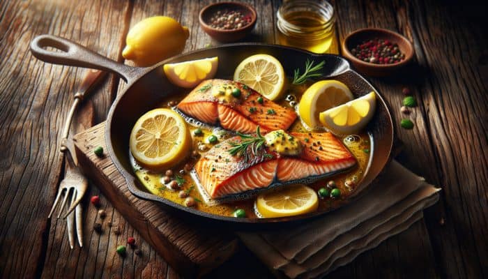 Golden-seared salmon fillets with zesty lemon butter sauce, lemon slices, and herbs on a rustic wooden table.