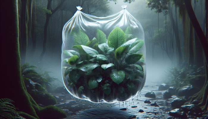Clear plastic bag on Amazon rainforest plants collecting water droplets through transpiration.