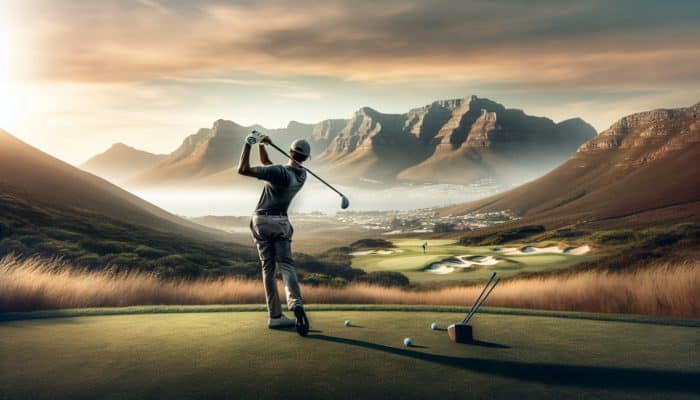 Golfer using a 3-iron on a South African course, low trajectory shot with Cape Winelands backdrop.