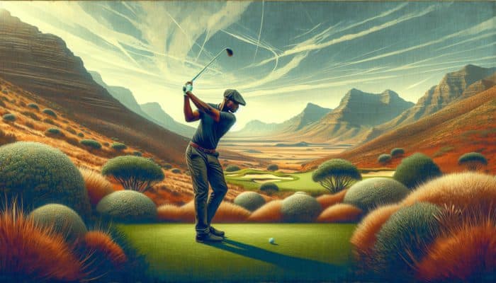 A golfer in South Africa perfecting a low shot stance on diverse terrain.