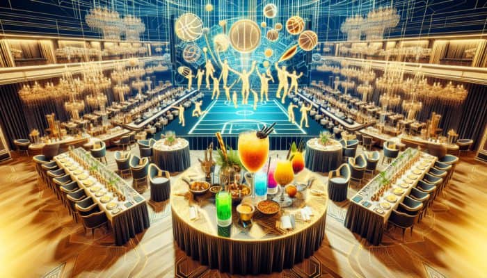 A luxurious Super Bowl viewing party at a high-end hotel with gourmet dining, open bar, and celebrity entertainment.