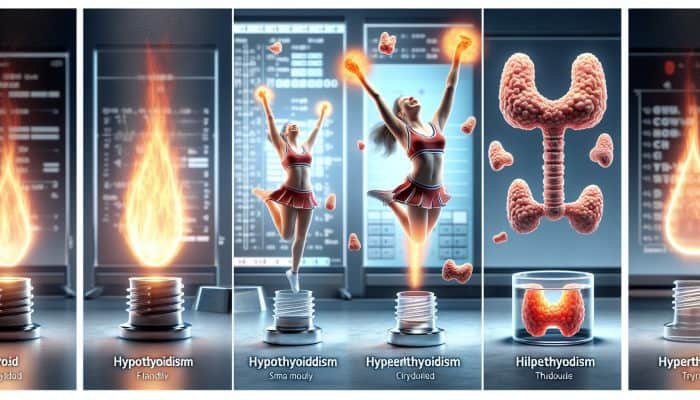 Artistic depiction of thyroid disorders: slow flame for hypothyroidism, cheerleader for hyperthyroidism, nodules in medical setting.