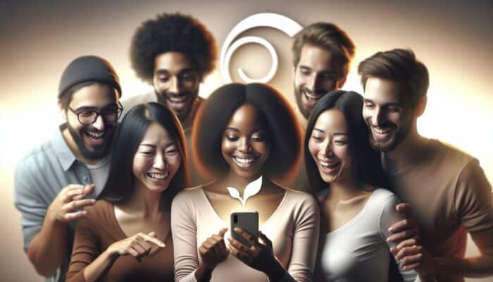 Diverse group reading positive reviews on smartphone, with trustworthy brand logo in background.