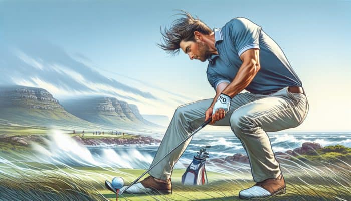 Golfer at Simola Golf Club adapting to coastal winds, lowering stance and widening feet for balance, positioning ball back for headwind control.
