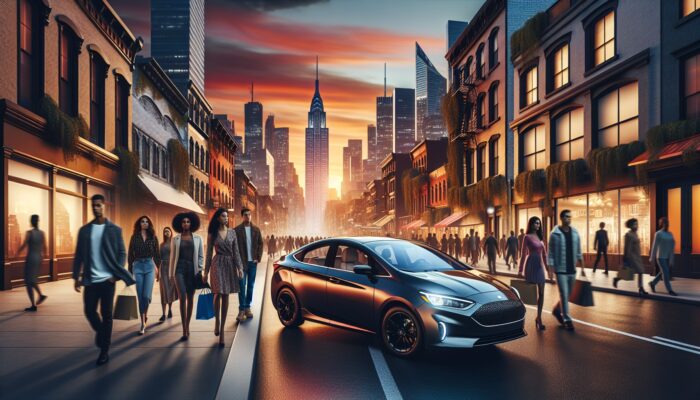 A sleek rental car on a bustling city street at sunset, surrounded by diverse people and urban architecture.