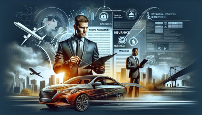 Traveler reviewing rental agreement, focusing on insurance, mileage, and fuel policies, in an urban setting.