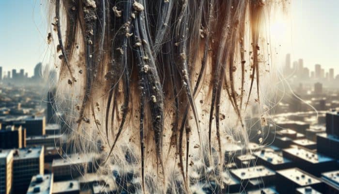 Dull hair strands coated with residue from pollution, styling products, and hard water minerals.