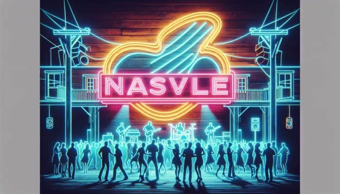 A vibrant neon "Ole Red" sign lights up a lively country music bar with dancing and live music on a rustic stage.