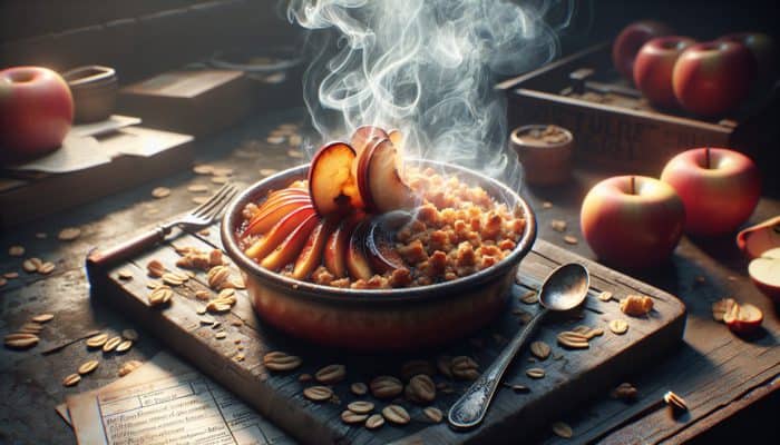 Smoked apple crisp with caramelised apples and crunchy oat topping in a rustic dish.