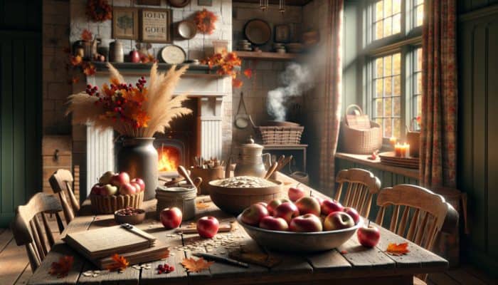 Apples, oats, and smoking wood chips on a wooden table, with fall leaves and a fireplace in the background.