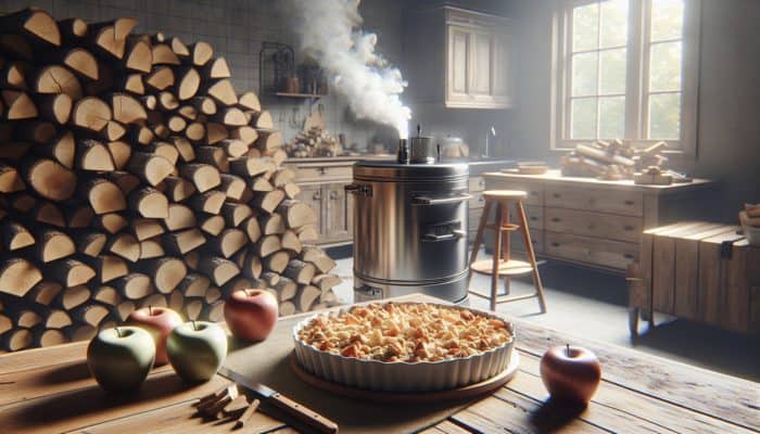 Hickory and applewood logs near a smoker, enhancing apple crisp with oat topping's flavour.
