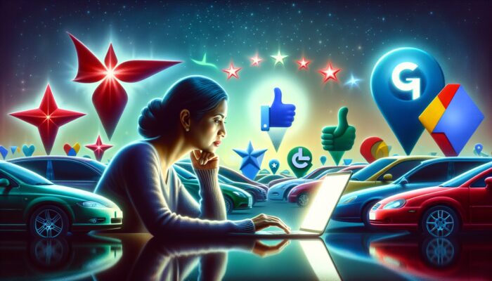 Customer evaluating car rental services on laptop, with logos and diverse car fleet in background.