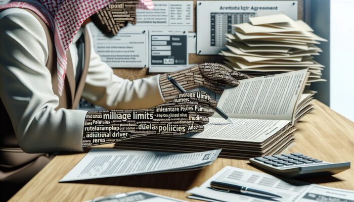 Person analysing rental agreement, focusing on mileage, fuel policies, and fees, with calculator and brochures.