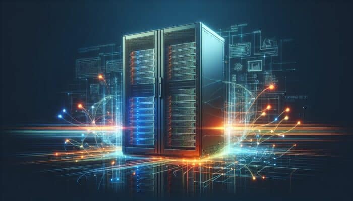 A minimalist bumper ad with a server rack image and swift animations highlighting connectivity, symbolizing effective hosting services.