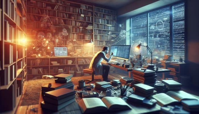 A researcher crafting a detailed research strategy at a desk surrounded by books and digital devices in a cosy study room.