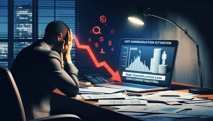 Challenges of Debt Consolidation with Bad Credit: A Guide | DCL Challenges of Debt Consolidation with Bad Credit: Person worriedly viewing descending credit score graph on laptop amidst debt consolidation documents in dim office.