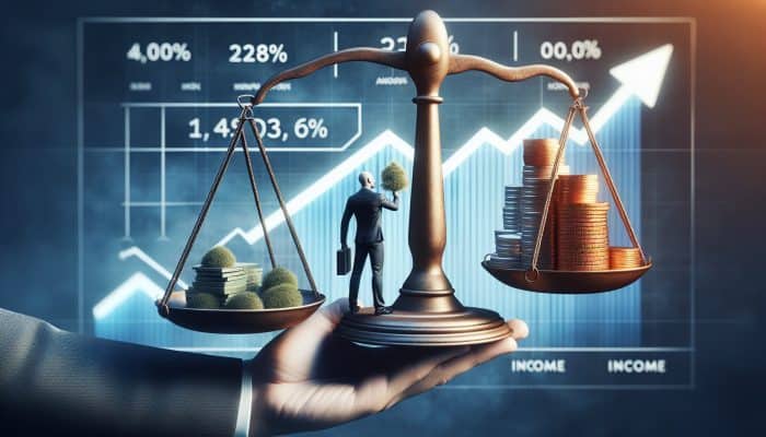 Challenges of Debt Consolidation with Bad Credit: A Guide | DCL A person balancing a scale with bills and income, symbolising a low debt-to-income ratio, with rising credit score graphs.