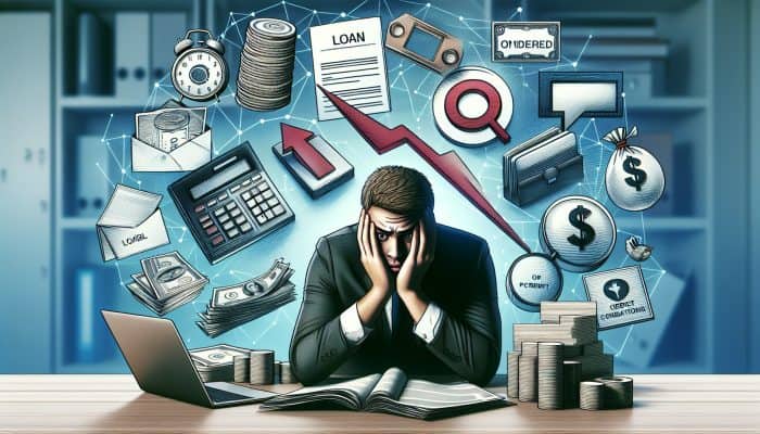 Challenges of Debt Consolidation with Bad Credit: A Guide | DCL A person reviewing financial documents and loan offers at a desk, concerned about high interest rates and low credit score.