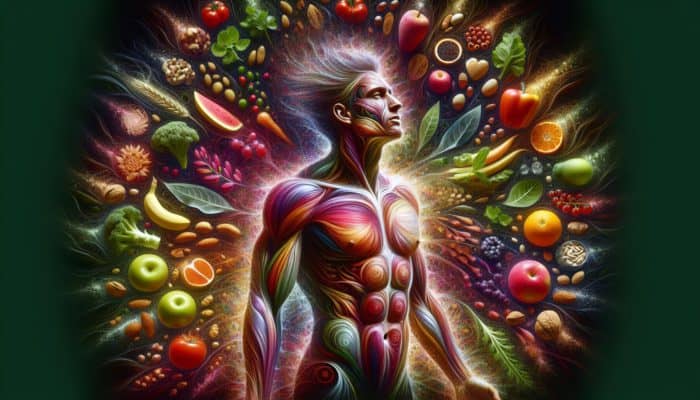 A vibrant person with glowing skin surrounded by healthy foods, symbolizing Whole30 benefits.