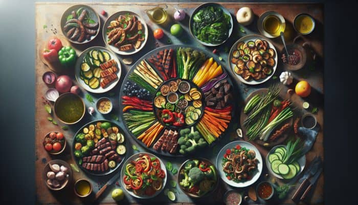 Colorful Whole30 meal plan with Mediterranean and Asian dishes on a rustic table.