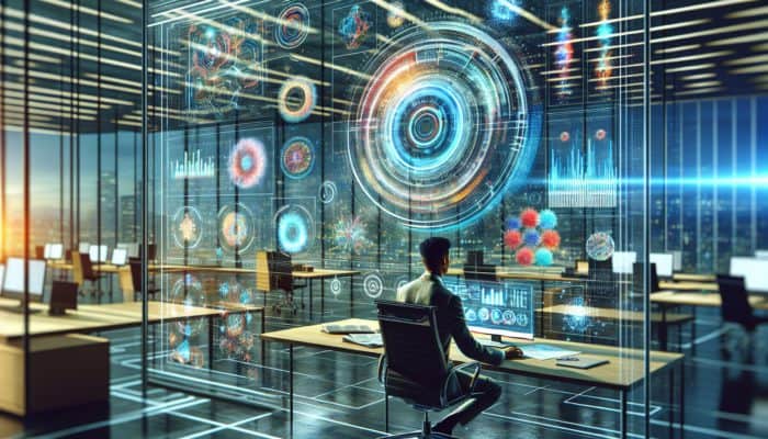 Futuristic dashboard with vibrant data visualisations and holographic screen in a modern office.