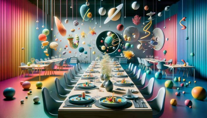 A surreal dining room at Alinea with avant-garde dishes, vibrant colors, and floating courses, engaging all senses.