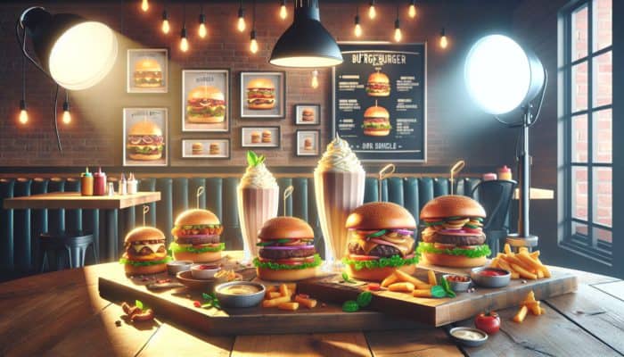 A vibrant scene at The Burger Bar with customizable gourmet burgers and thick milkshakes in a casual, family-friendly setting.