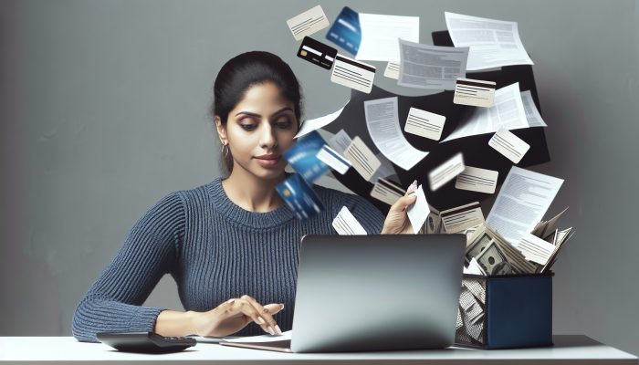 Free Debt Consolidation Loan Guides: A Comprehensive Overview | DCL A person consolidating bills and credit cards into one file, looking calm and relieved.