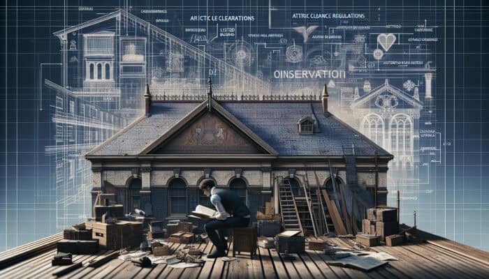 Person studying UK legal documents amidst attic items, near listed building and conservation area sign.