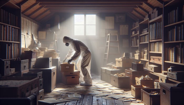 Person in protective gear sorting through boxes and antiques in a dusty attic, sunlight filtering through window.