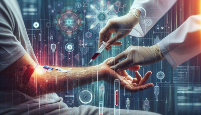 A calm patient in Smethwick having blood drawn from arm by a reassuring professional in a serene healthcare setting.