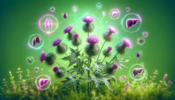 How Herbs Affect the Liver: Illustration of milk thistle plants with purple flowers and spiky leaves, surrounded by regenerating liver cells on a green background.