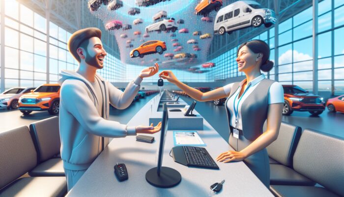 Person receiving car keys at airport counter, surrounded by diverse vehicles, illustrating early reservation benefits.