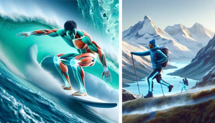 Athlete surfing in Hawaii and hiking Alps, with blue-highlighted tendons and ligaments, symbolising Type I collagen support for joint health.