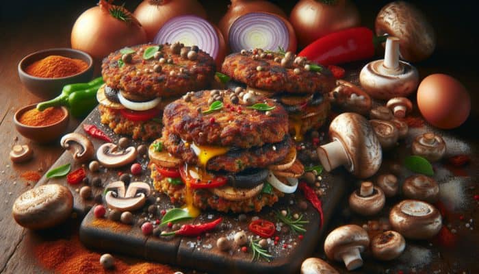 Best Recipes for Mushroom-Based Meats: Juicy mushroom patties with portobello, shiitake, cremini, breadcrumbs, eggs, spices, onions, and bell peppers.