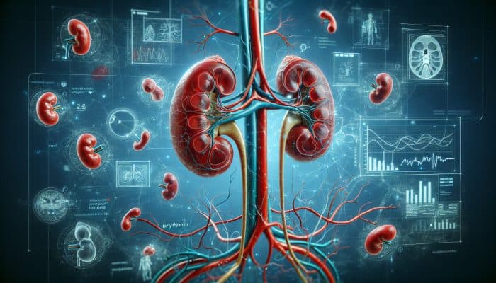 Detailed illustration of human kidneys filtering waste, regulating blood pressure, and stimulating red blood cell production.