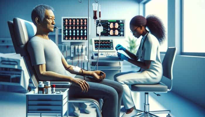 Person in medical setting having blood drawn for kidney test, equipment visible.