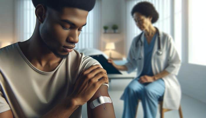 Patient touching bandaged arm, discussing results with healthcare provider in a calm room.