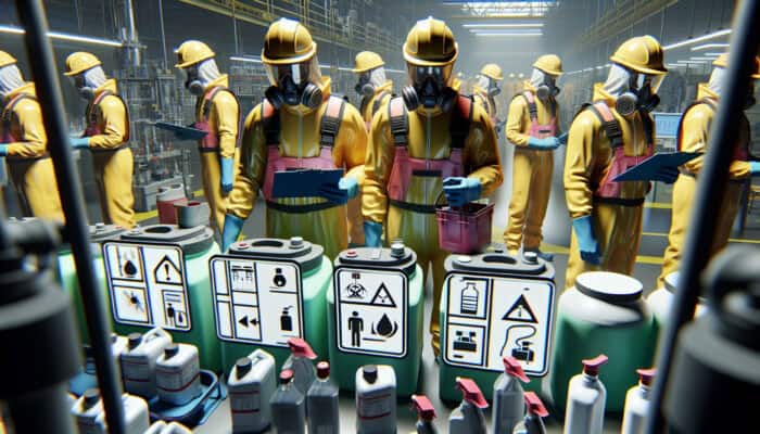 Workers in protective gear handling hazardous workplace materials with safety protocols and signage.